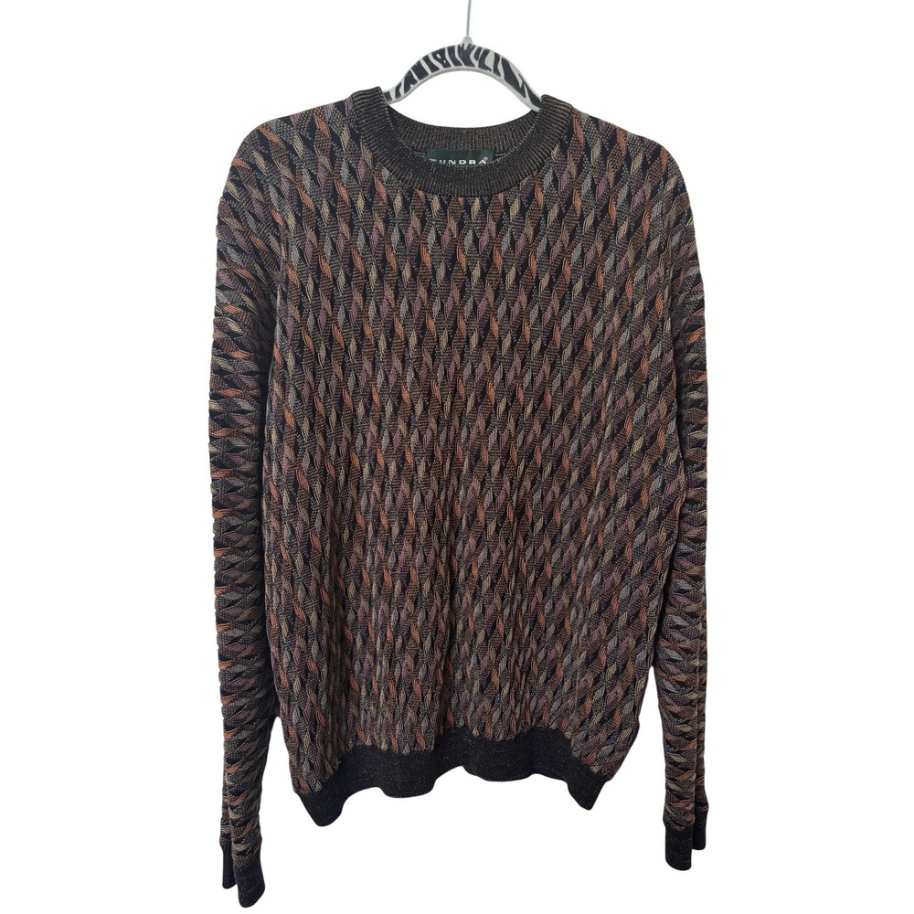 Tundra Mens XXL 3D Textured Knit Crewneck Sweater Brown Bronze Geometric Vintage